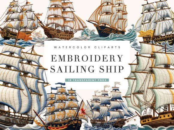 Embroidery Sailing Ship Clipart Bundle